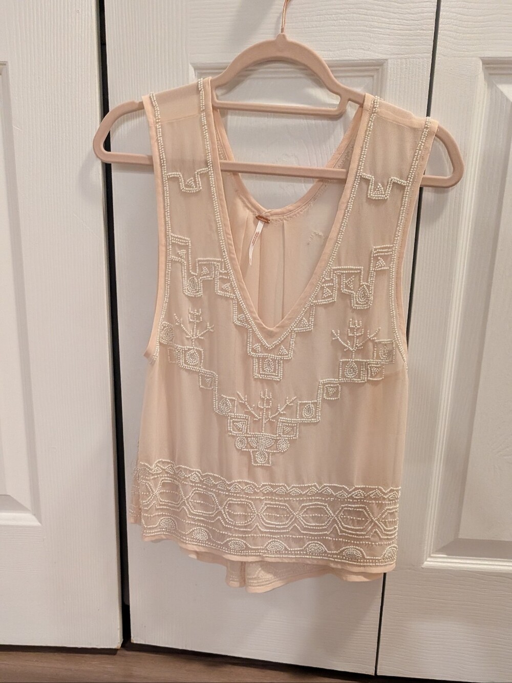Free People- Sleeveless Beaded V-Neck Women’s Top in Blush